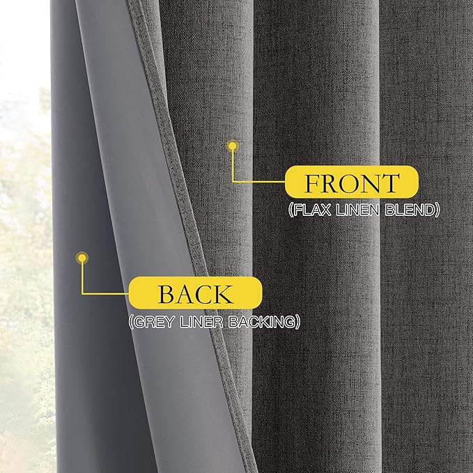 NICETOWN Grizzle Gray Linen 100% Blackout Curtains for Living Room, W52 x L84 in, Set of 2, Thermal Insulated Curtains with Light Blocking Liner, Noise Reducing Rod Pocket Window Treatments for Hall