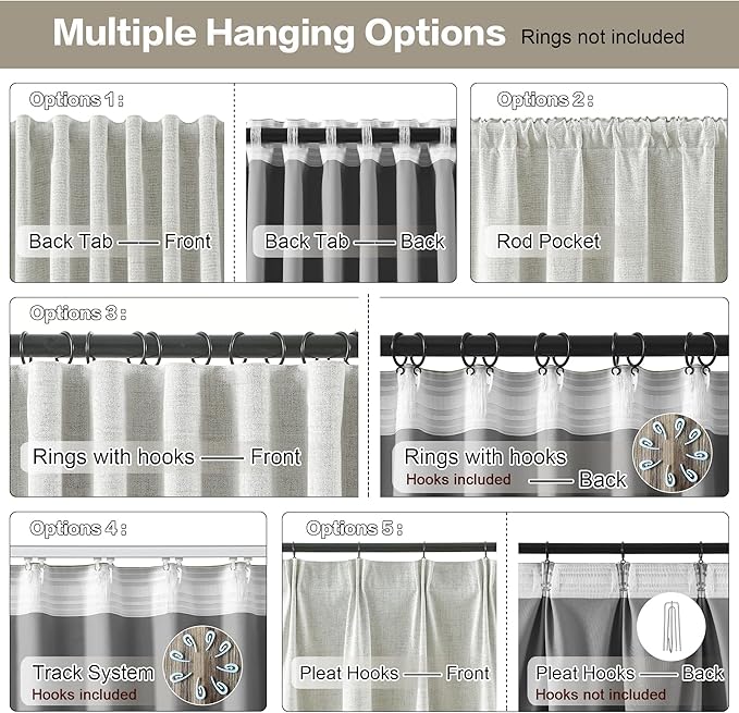 94 Inch Long Blackout Curtains 2 Panels,Pleated Back Tab Rod Pocket with Hooks,Solid Rustic Heat Reflective Linen Textured Dark Out Darkening Curtains for Living Room 50W x 94L Natural Cream