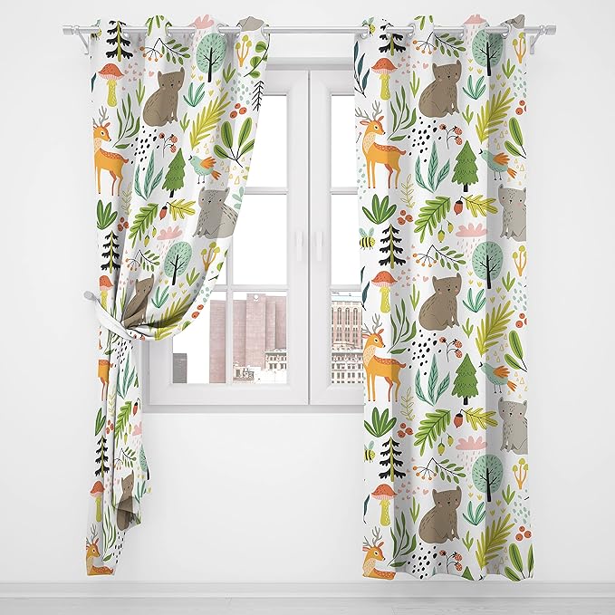 Kids Blackout Curtains ，Grommet Thermal Insulated Room Darkening Printed Forest with Wild Animals Nursery and Kids Bedroom Curtains 42x63inch(107x160cm), White