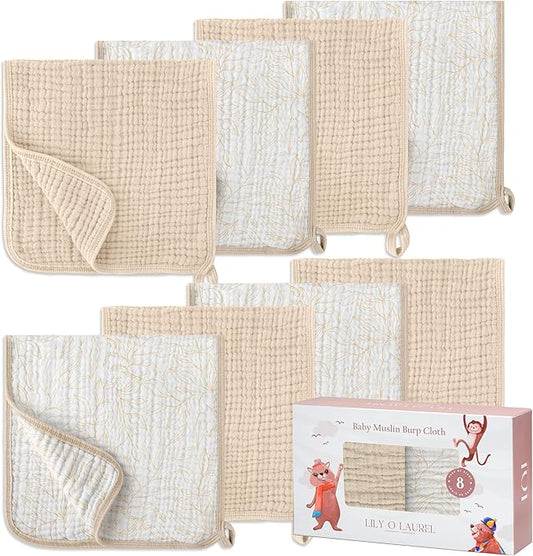 LILY O LAUREL Muslin Burp Cloths, 20"x10"- Pack of 8, 6 Layers Super Soft Absorbent & Breathable 100% Cotton for Baby Drool and Messes, Burp Cloth Baby Boy and Burp Cloths Baby Girl