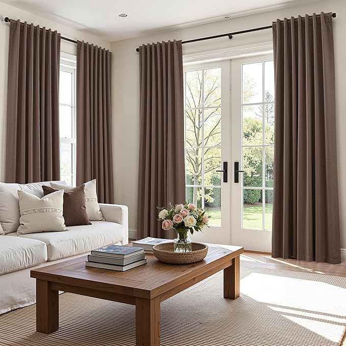 Guken 100% Blackout Curtains 96 Inch Length 2 Panels Set for Living Room Bedroom Back Tab Thermal Insulated Black Out Linen Drapes Room Darkening Mocha Mousse,52x96