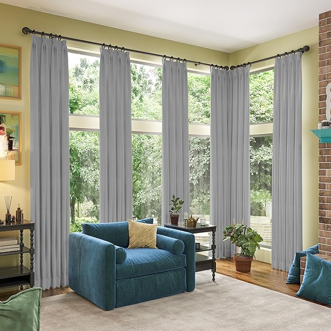 RAIN CITY Long Blackout Curtains 144 Inch Long 2 Panels Grey, Back Tab Pleated Look Drapes for Track System with Hooks, Noise Reducing Spring Blackout Winodw Curtains for Living Room 50x144
