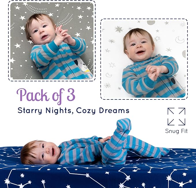 Fitted Unisex Crib Sheets (3 Pack) by GROW WILD - Jersey Knit Cotton Crib Sheets for Boys or Girls, 52” x 28” x 9” Crib Bedding Set (Moon, Stars and Constellation)