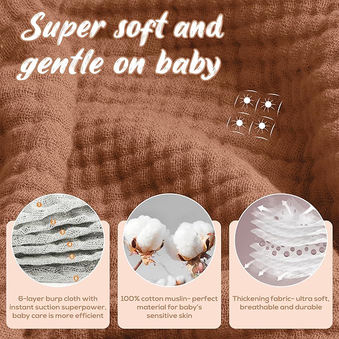 LILY O LAUREL Muslin Burp Cloths, 20"x10"- Pack of 8, 6 Layers Super Soft Absorbent & Breathable 100% Cotton for Baby Drool and Messes, Burp Cloth Baby Boy and Burp Cloths Baby Girl
