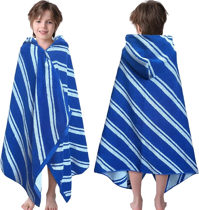 VOOVA & MOVAS Hooded Bath Towels for Kids (3-10Years,27.5"x55"),100% Cotton Absorbent Soft Towel Wrap for Toddler Boys,Perfect for Bathroom | Pool | Beach | Swimming, Jacquard Blue Stripe