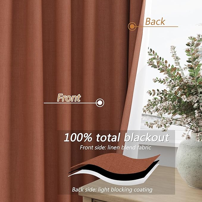 Guken Terracotta 100% Blackout Linen Curtains 102 Inch Length 2 Panels Set Fall Curtains for Living Room Bedroom Back Tab Thermal Insulated Black Out Linen Drapes，52x102
