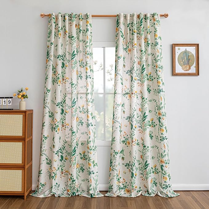 MYSKY HOME Linen Floral Long Curtains 95 Inch Length 2 Panels Set, Sage Green Curtains Semi Sheer Flower Printed Light Filtering French Country Window Curtain for Dining Room, 50" W Each Pane