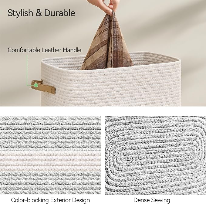 Laundry Hamper,Laundry Basket with Leather Handles,Woven Storage Basket for Toys,Pillows,Blankets,Clothes,Grey&White