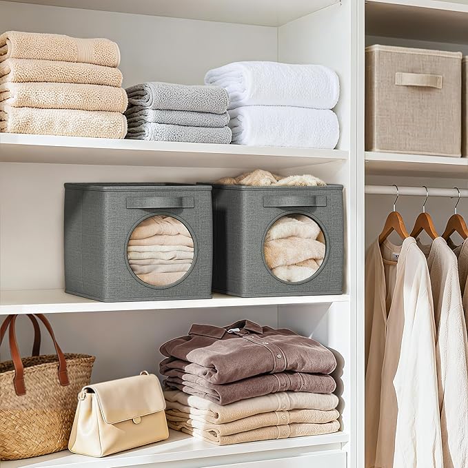Vailando Foldable Fabric Storage Cube with Round Window - 4 Pack 11"x11"x11" Collapsible Closet Organizer Bins for Clothes, Shelves, Offices, Toys & Misc, Light Gray (Dark Gray, 4pcs-Cube 11")