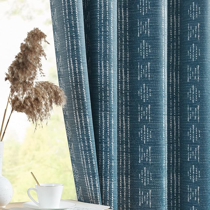 jinchan 95% Blackout Boho Curtains 96 Inch Length for Bedroom White on Blue Geometric Printed Grommet Top Room Darkening Thermal Insulated Window Drapes 2 Panels
