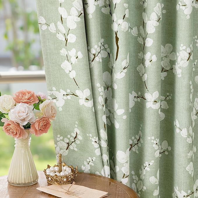 FMFUNCTEX 100% Blackout Floral Curtains for Bedroom, Sage Green Curtains 72 inch Length Blossom Patterned for Living Room, Thermal Insulated Farmhouse Drapes, Grommet Top 2 Panels (White on Green)