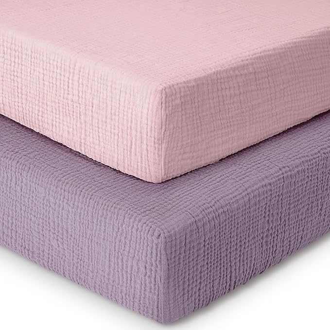 Dreamology Muslin Mini Crib Sheets, Girls, Boys, Soft & Breathable Crib Sheet 2 Pack,100% Cotton Purple Crib Sheets for Mini Cribs, Pack n Play Sheets, 24x38 Mini Crib Sheet Fitted | Purple,Pink