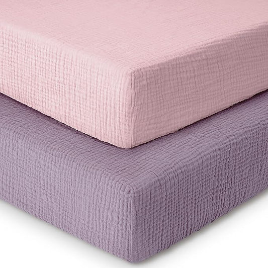 Dreamology Muslin Mini Crib Sheets, Girls, Boys, Soft & Breathable Crib Sheet 2 Pack,100% Cotton Purple Crib Sheets for Mini Cribs, Pack n Play Sheets, 24x38 Mini Crib Sheet Fitted | Purple,Pink