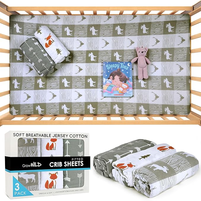 Fitted Unisex Crib Sheets (3 Pack) by GROW WILD - Jersey Knit Cotton Crib Sheets for Boys or Girls, 52” x 28” x 9” Crib Bedding Set (Forest Fun)