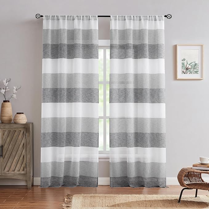 Central Park Gray Charcola Stripe Sheer Color Block Window Curtain Panel Linen Window Treatment for Bedroom Living Room Farmhouse 84 inches Long Rod Pocket, 2 Panel Rustic Drapes, 40"x84"x2