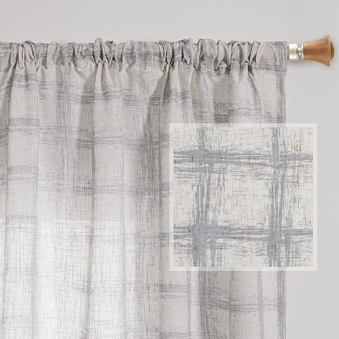 MYSKY HOME Linen Sheer Curtains 95 Inch Length for Bedroom, Living Room Curtains 2 Panel Sets, Soft Plaid Linen Polyester Blend Semi Sheers Light Filtering Back Tab Privacy Drapes, 50"x95", Grey