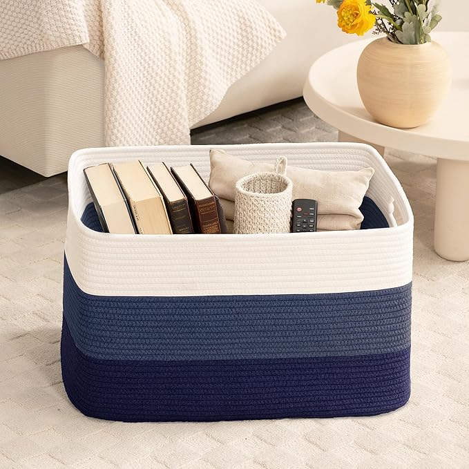 86L Extra Large Laundry Basket with Leather Handles for Living Room Storage, Woven Rope Baskets for Blanket, Kids Toy, Gifts, Wicker Hamper for Bedroom Dirty Clothes, 24"x16"x14" Gradient Blue
