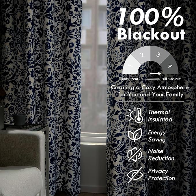 DriftAway Julia Watercolor Blackout Room Darkening Lined Thermal Insulated Energy Saving Window Curtains 2 Layers 2 Panels Each Size 52 Inch by 96 Inch Linen Navy