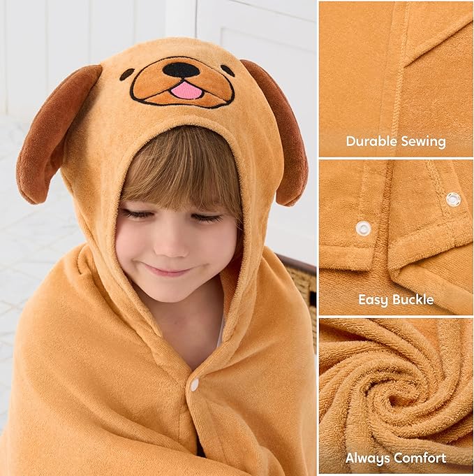 Joiedomi Hooded Towel for Kids Soft 100% Cotton Bath Beach Towel 30" x 50" for Kids 3-10 Years Toddler Pool Poncho with Hood Absorbent Swim Wrap for Boys Girls Brown Dog