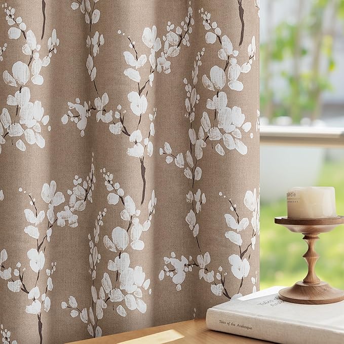 FMFUNCTEX 100% Blackout Floral Curtains for Bedroom, Taupe Curtains 84 inches Long Blossom Flower Patterned for Living Room, Thermal Insulated Farmhouse Drapes, Grommet Top 2 Panels (White on Tan)
