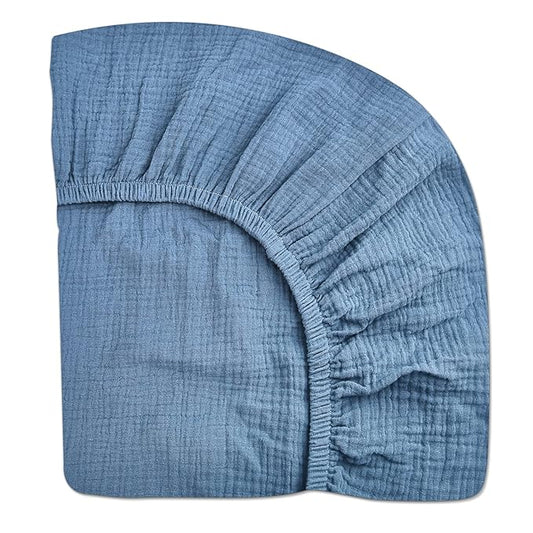 Mini Crib Sheets for Baby, Fitted Pack N Play Mattress and Mini Cribs 24" x 38", Neutral Muslin Cotton Mini Crib Mattress Sheet with Boho Style, Soft and Breathable Comfort (Blue)