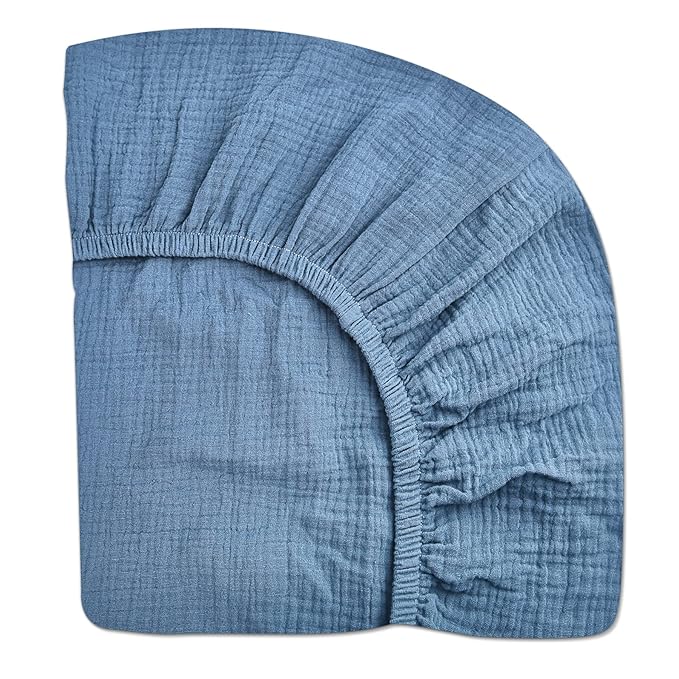 Pack and Play Sheets for Baby Boys and Girls 39"x27"x3", Neutral Muslin Cotton Pack N Play Mattresses Sheet with Boho Style, Soft and Breathable Comfort (Blue)