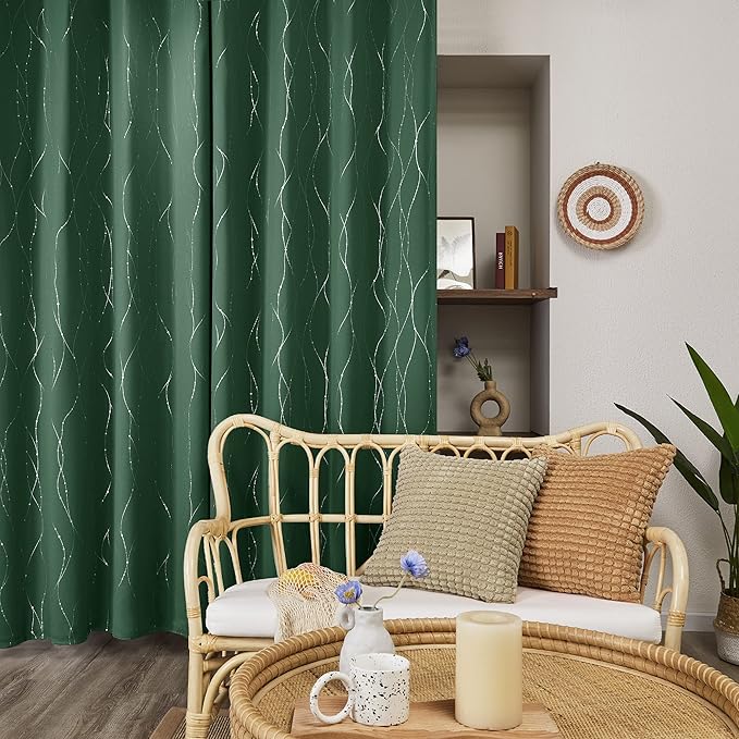 Deconovo Green Curtains, Christmas Blackout Drapes, Thermal Insulated Soundproof Drape, Wave Line Dot Foil Print, 52 x 63 Inch, 2 Panels, Machine‑Washable Window Panel for Living Room Kitchen Nursery