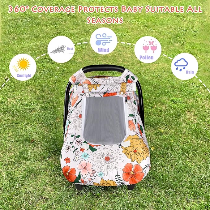 Baby Carseat Cover Girls, Pea Pod Infant Car Seat Covers Canopy for Newborn with 2 Layers Windows of Breathable Mesh/Fabric, Lightweight Polyester/Minky Dot Backing, Snug Fit Most Baby Car Seat