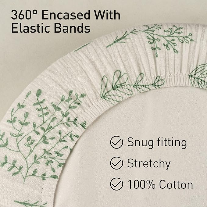 Muslin Bassinet Fitted Sheets, 2 Pack for Baby Boy and Girl, Soft Breathable Stretchy Baby Pad/Mattress Sheet Set, Universal Fit for Hourglass Oval and Rectangle Bassinet Mattress (Bright Leaves)