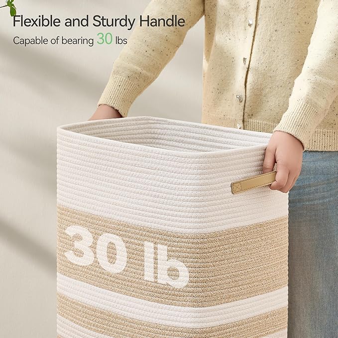 Laundry Hamper,Laundry Basket with Leather Handles,Woven Storage Basket for Toys,Pillows,Blankets,Clothes,Brown&White