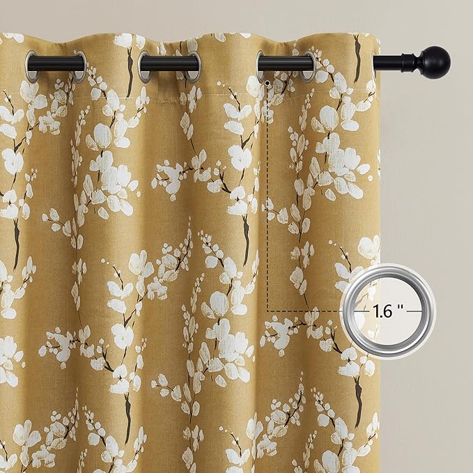 FMFUNCTEX 100% Blackout Floral Curtains for Living Room, Mustard Yellow Curtain 96 inches Long Blossom Patterned for Bedroom, Thermal Insulated Farmhouse Drapes, Grommet Top 2 Panels (White on Yellow)
