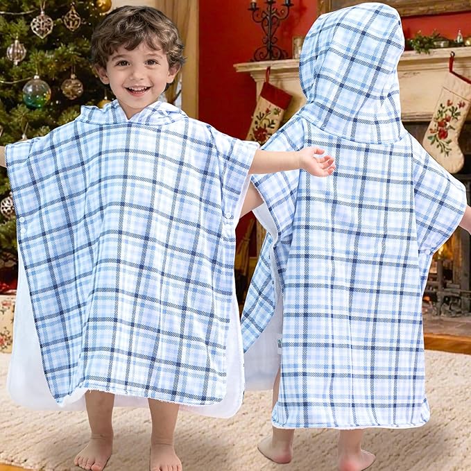 VOOVA & MOVAS Double-Layered Baby Hooded Towel Poncho (2-4 Years, 20x21 Inches) | Ultra Soft & Absorbent Cotton | Thick Toddler Bath Towel for Swimming, Beach, Shower & Winter,Blue Check