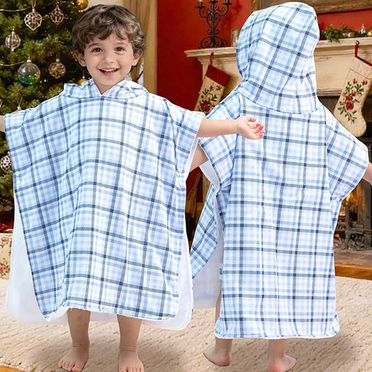 VOOVA & MOVAS Double-Layered Baby Hooded Towel Poncho (2-4 Years, 20x21 Inches) | Ultra Soft & Absorbent Cotton | Thick Toddler Bath Towel for Swimming, Beach, Shower & Winter,Blue Check