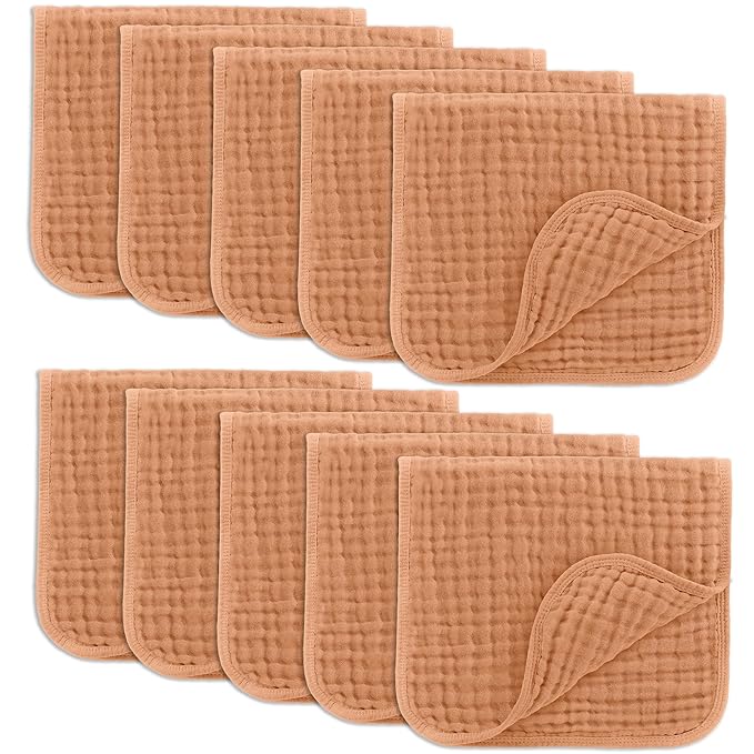 Comfy Cubs Muslin Burp Cloths 20" x 10", Pack of 10 - Large, 6-Layer, Ultra Absorbent 100% Cotton for Baby Drool and Messes - Soft, Safe & Gentle Baby Burp Cloths for Boys & Girls - Caramel