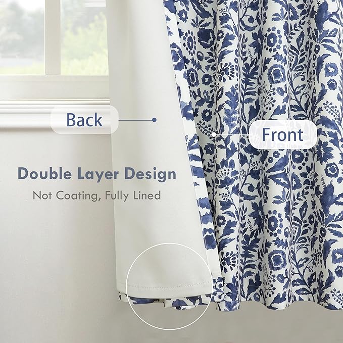 DriftAway Julia Watercolor Blackout Room Darkening Lined Thermal Insulated Energy Saving Window Curtains 2 Layers 2 Panels Each Size 52 Inch by 102 Inch Navy