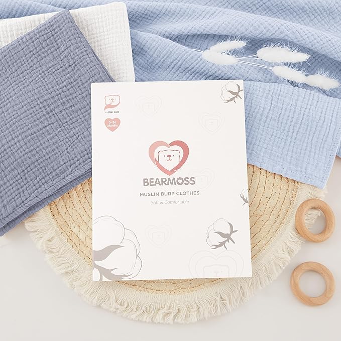 Bearmoss 6 Pack Muslin Burp Cloths and Baby Washcloths, 23.6" X 23.6" 100% Cotton Absorbent Large Baby Burping Cloths for Boy, Girl, Newborn Essentials (Blue)