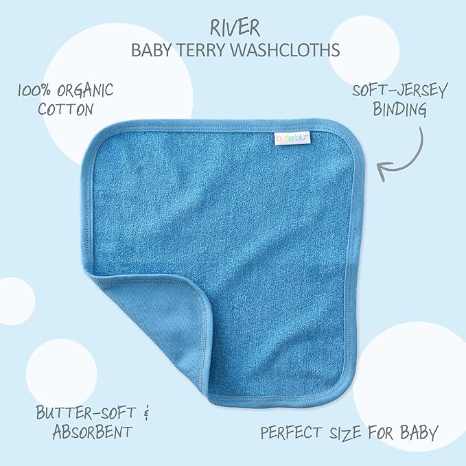 River 10-Pack Baby Terry Washcloths 100% Organic Cotton Absorbent for Baby and Toddler Boys & Girls, Sunny Blue Rainbow, One Size