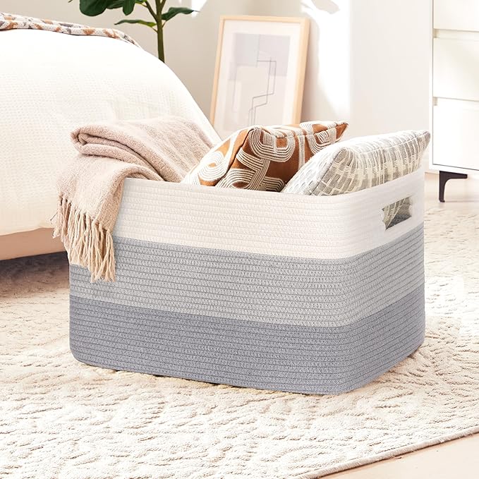 72L Large Laundry Basket with Leather Handles for Living Room Storage, Woven Rope Baskets Bin for Blanket, Kids Toy, Gifts, Wicker Hamper for Bedroom Dirty Clothes, 22"x17"x12" Gradient Grey