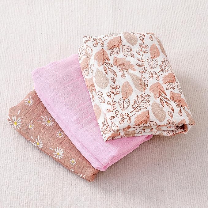 Happy Flute 3 Set Muslin Swaddle Blankets,Essential Baby&Newborn Swaddling,Perfect for Boys&Girls,Receiving Blankets,Nursing,Stroller Cover,Large 47.2x43.3 inches Swaddle Wrap Burping Clothes. (Pink)