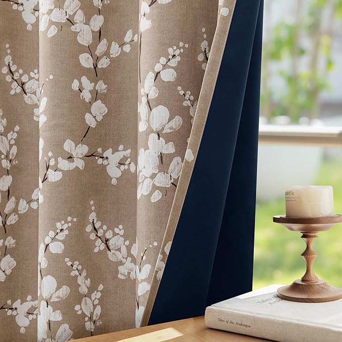 FMFUNCTEX 100% Blackout Floral Curtains for Bedroom, Taupe Curtains 63 inch Length Blossom Flower Patterned for Living Room, Thermal Insulated Farmhouse Drapes, Grommet Top 2 Panels (White on Tan)