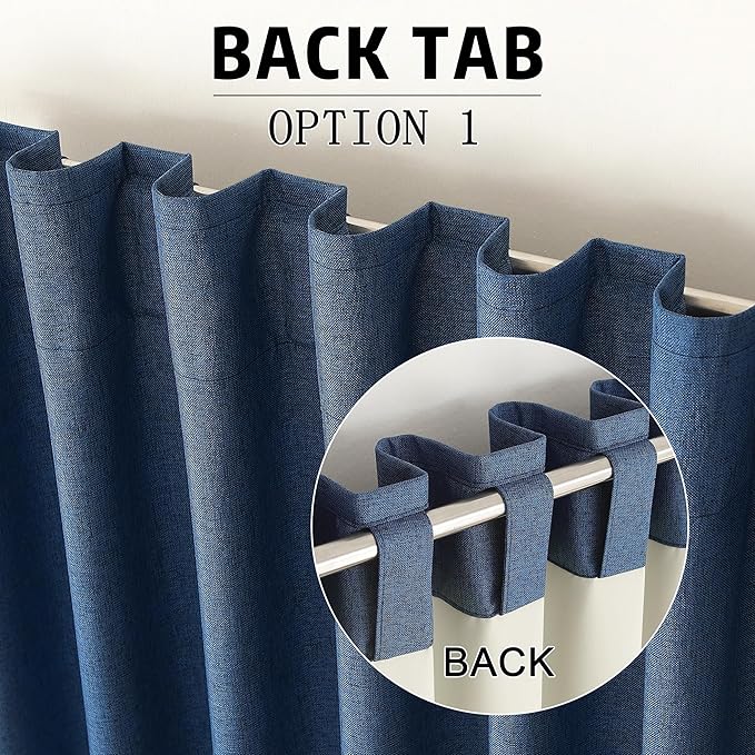 DUALIFE Blue Linen Full Blackout Curtains 108 Inch Length 2 Panels Set for Living Opaque Privacy Back Tab Thermal Insulated 100% Black Out Room Darkening 9ft Window Curtain Drapes 108 Inches Long