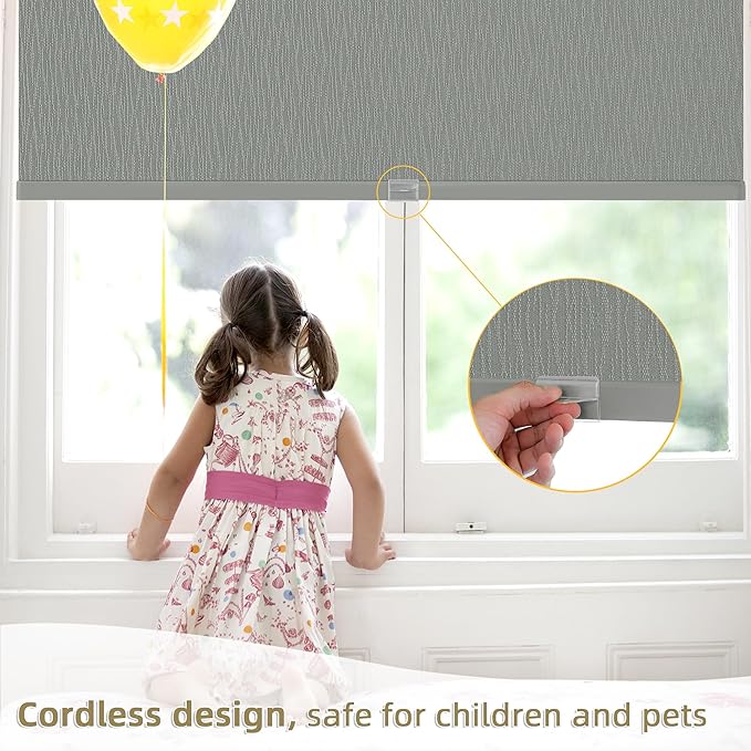 ChrisDowa Cordless Blackout Roller Shades for Windows, Striped Free-Stop Window Blinds with Privacy, Thermal Insulated Window Shades for Home, Office and Door. Grey, 60" W x 72" H