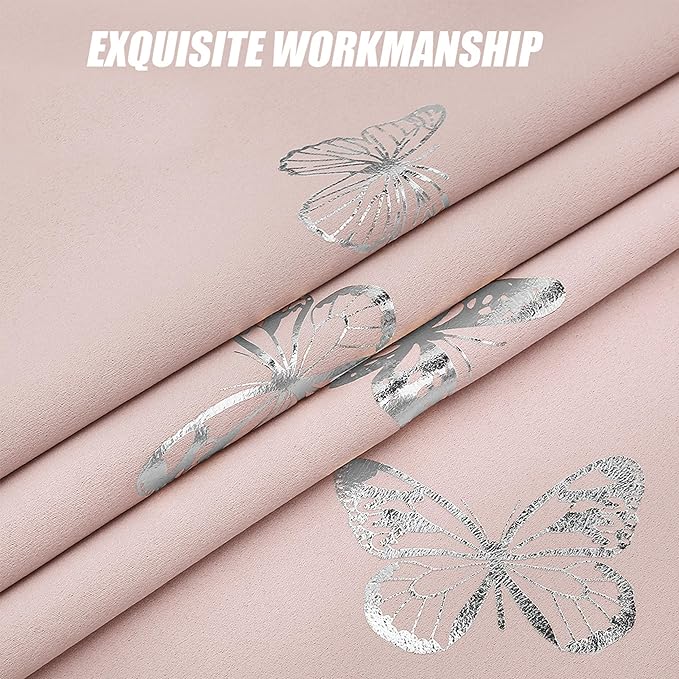 Jubilantex Butterfly Blackout Curtains Pink Silver 95" Long for Girls Bedroom Living Room Nursery Window Curtains with Black Layer,Grommet Top