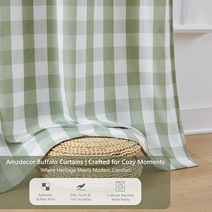 Amzdecor Buffalo Plaid Check Full Blackout Curtains Checkered GEO Thermal Insulated Energy Efficient Drapes Grommet 2 Layers Window Treatment for Bedroom Living Room,2 Panels,40"x90",Sage Green&White