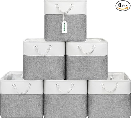 13x13 Inch Cube Storage Bins with Reinforced Bottom Cardboard, 6 Pack Large Foldable Fabric Storage Cubes with Handles for Shelf, Closet, Laundry Organization (White&Gray)