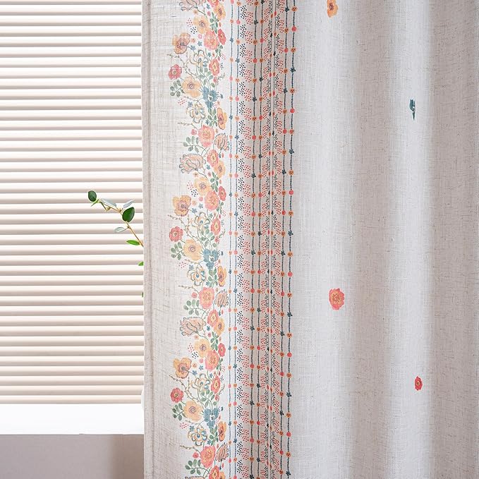 MYSKY HOME Boho Curtains for Living Room Semi Sheer Floral Curtains & Drapes 72 inches Length 2 Panels Farmhouse Room Decor Style Back Tab for Dining Room, Yellow, 50" x 72", Pack-2