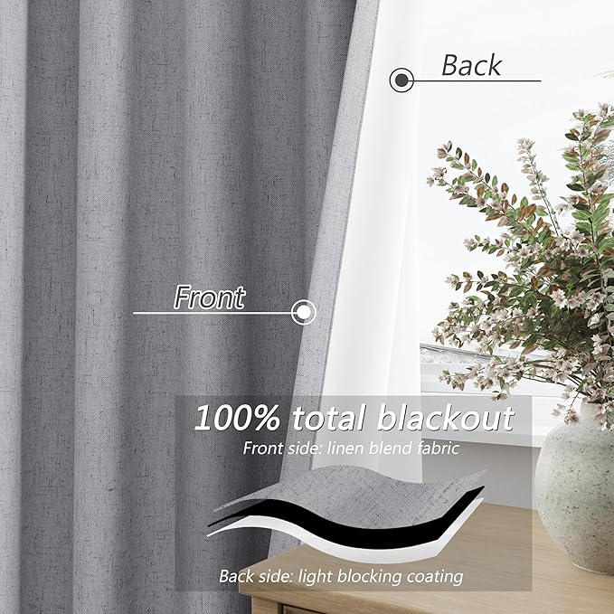 Guken Grey 100% Blackout Curtains 102 Inch Length 2 Panels Set for Living Room Bedroom Back Tab Thermal Insulated Black Out Linen Drapes Room Darkening Window Curtains 102 Inches Long