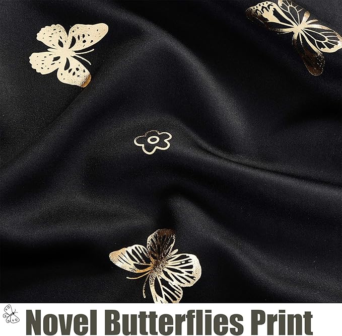 Jubilantex Butterfly Blackout Curtains 2 Panels 84 Inch Long for Girls Bedroom, Black and Gold Foil Print Floral Drapery 100% Room Darkening Grommet Top Window Drapes for Living Room, 52x84Inch