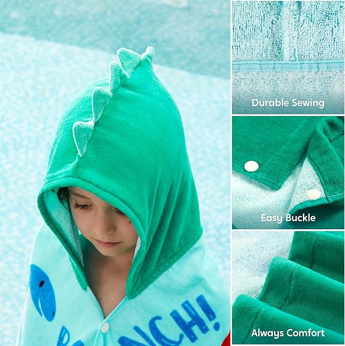 Joiedomi Dinosaur Hooded Towels for Kids Soft 100% Cotton Kids Beach Towel 30" x 50" for 3-10 Years Boy Girl Beach Hooded Poncho Absorbent Pool Toddler Swim Bath Wrap
