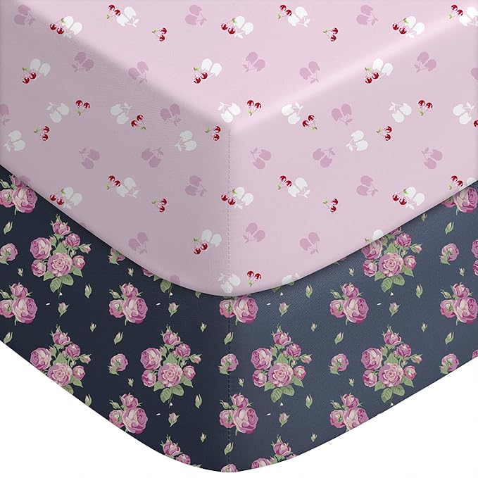 Yoofoss Pack and Play Sheets Fitted, Mini Crib Sheets 2-Pack for Pack N Play Mattress, Stretchy Playard Sheet, Soft and Breathable (Pink+Cherry)